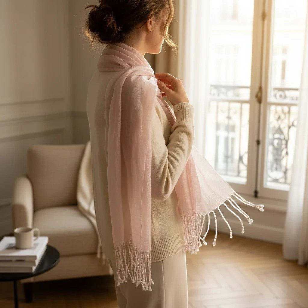 Maison Amavia Écharpe 100% lin dégradé rose pâle avec franges, pour femme, collection Printemps/Été