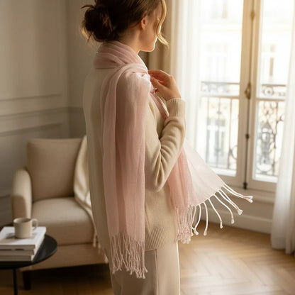 Maison Amavia Écharpe 100% lin dégradé rose pâle avec franges, pour femme, collection Printemps/Été