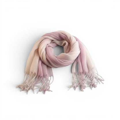 Écharpe Maison Amavia 100% lin dégradé violet clair et blanc avec franges, idéale pour le printemps/été.
