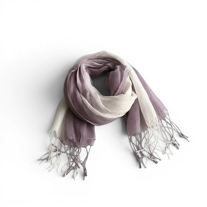 Écharpe Maison Amavia 100% lin dégradé violet et blanc avec franges, idéale pour le printemps/été.