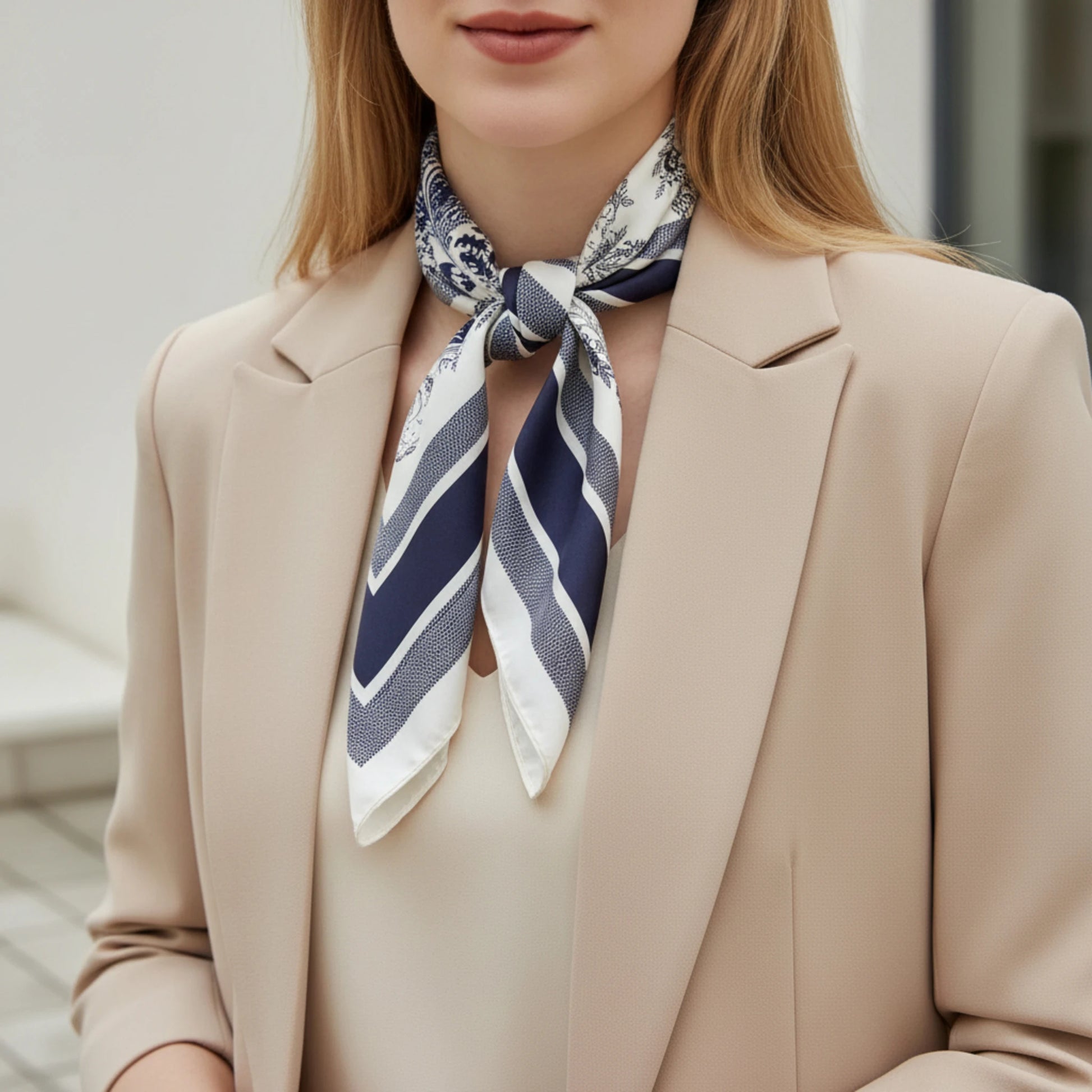 Foulard femme carré bleu et ivoire porté au printemps avec blazer beige élégant