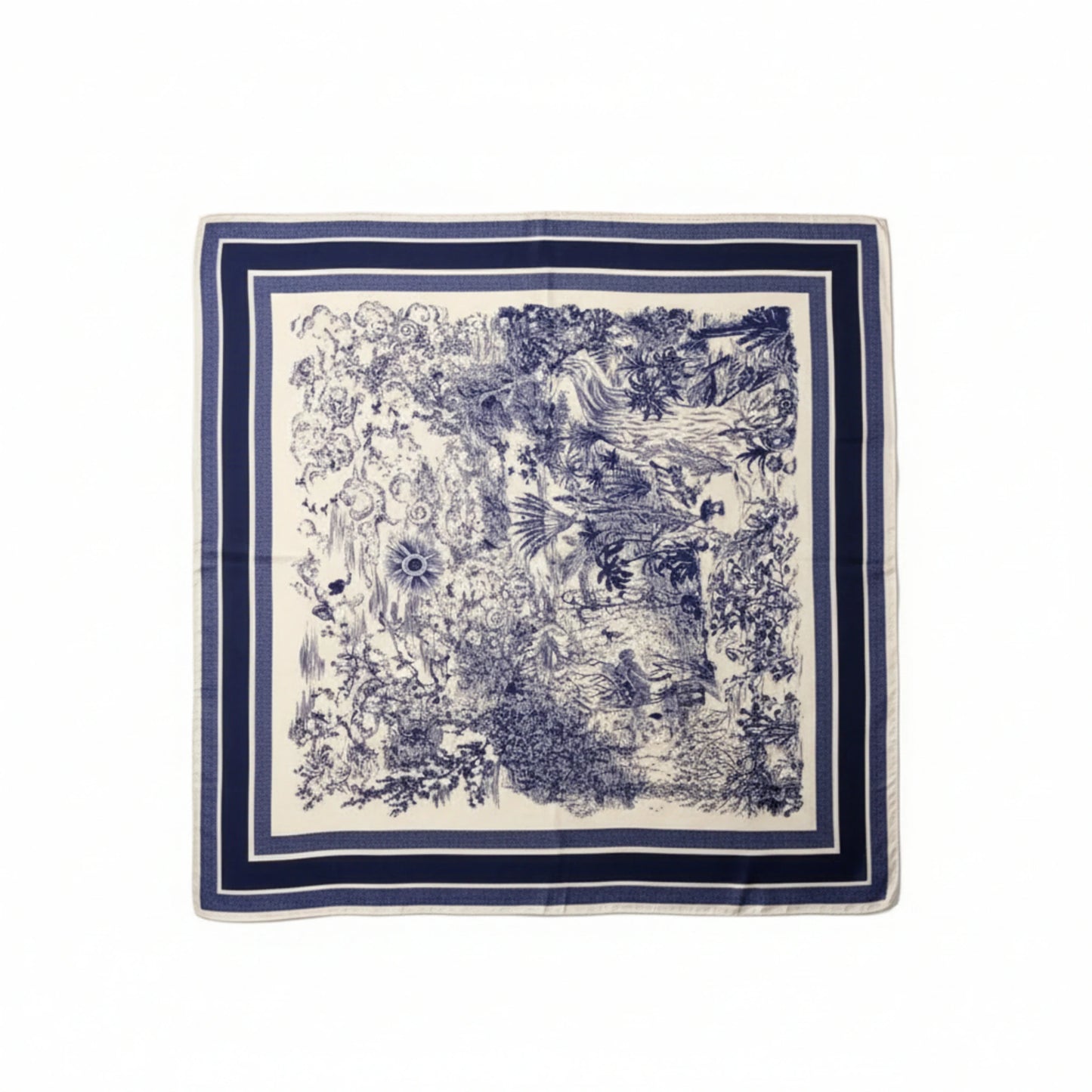 Foulard femme carré bleu motif floral 70x70 en polyester effet soie à plat