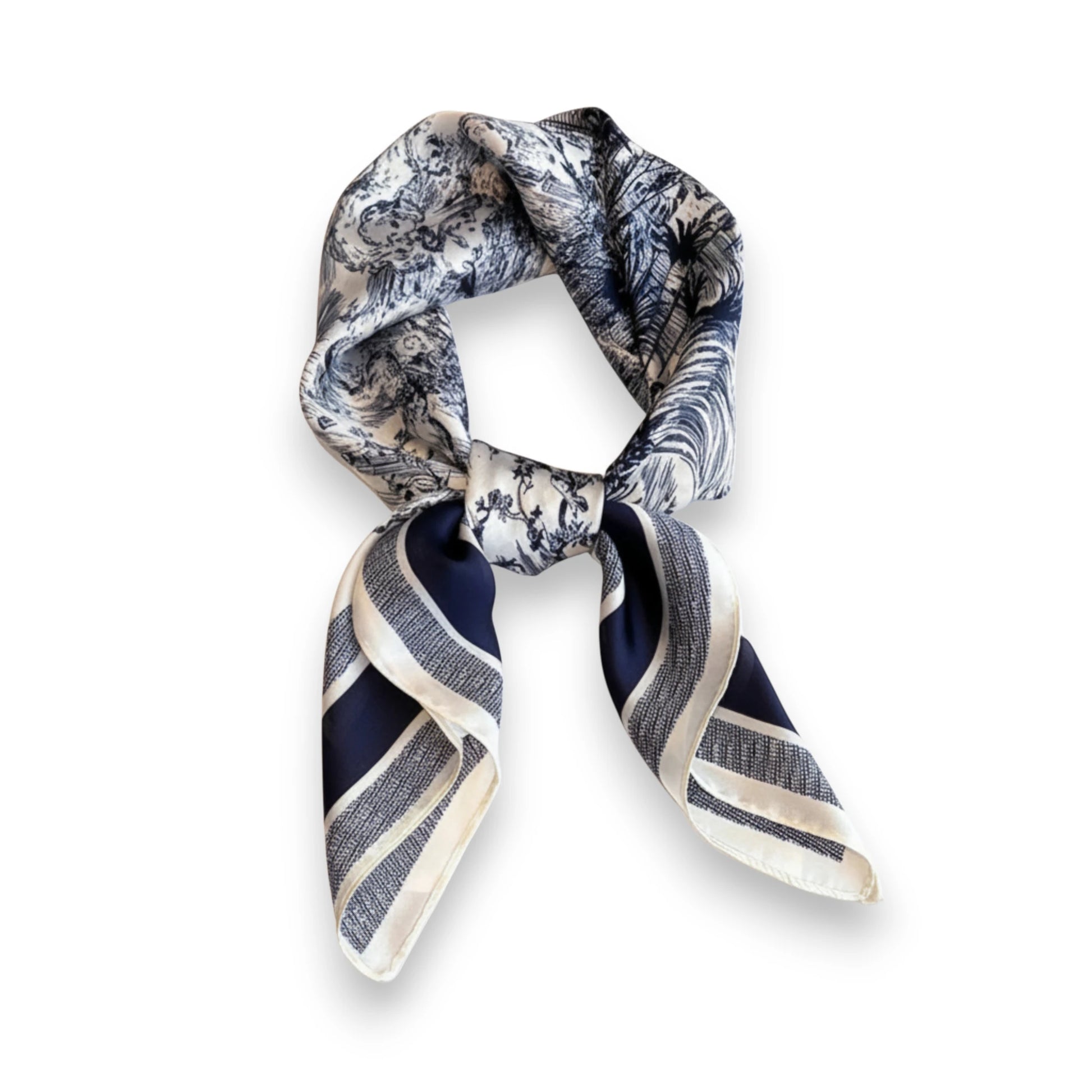 Foulard femme carré bleu motif floral 70x70 en polyester effet soie