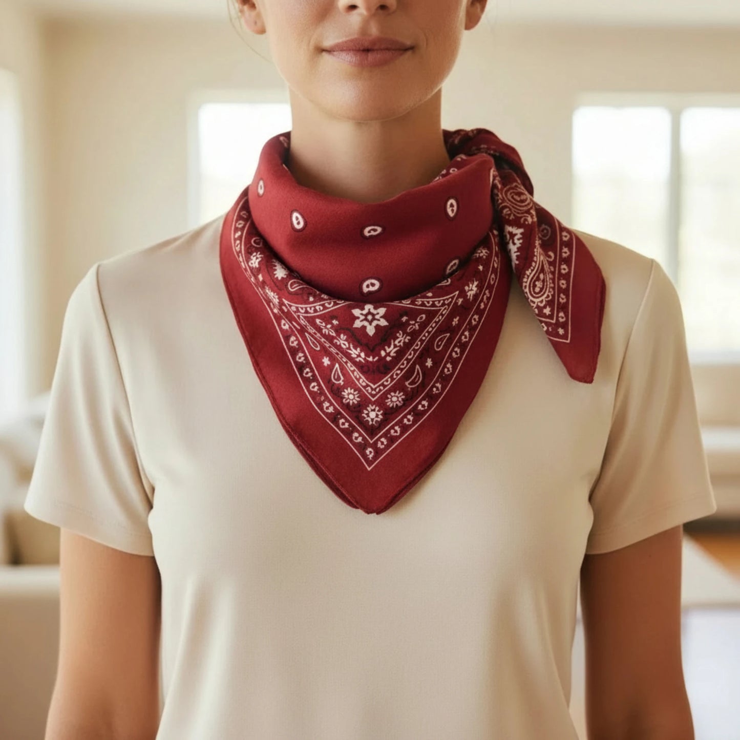 Foulard femme rouge motif paisley Maison Amavia porté autour du cou, style chic et élégant