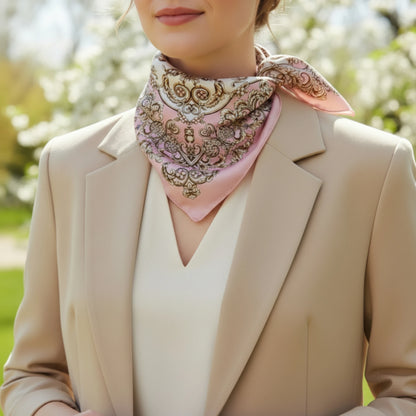 Foulard rose femme porté au printemps, style élégant et minimaliste
