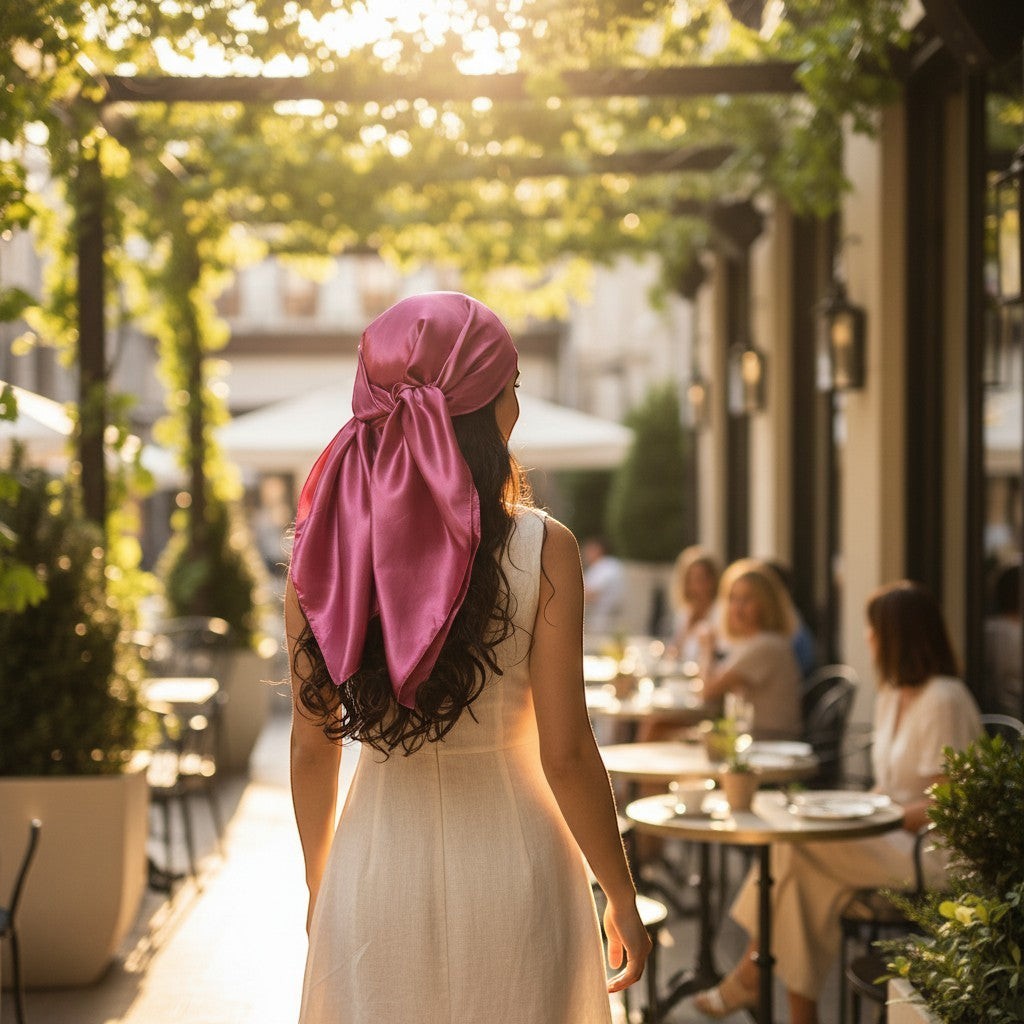 Foulard en soie rose Maison Amavia 90x90 cm, porté en hijab, satin uni, accessoire polyvalent.