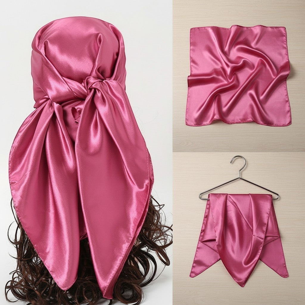 Foulard Maison Amavia 90x90 cm en soie satin rose uni, polyvalent pour hijab, châle ou bandeau.